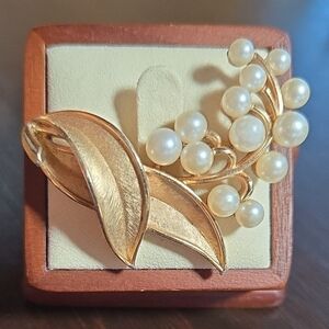 Crown Trifari Faux Pearl Brushed Gold Brooch